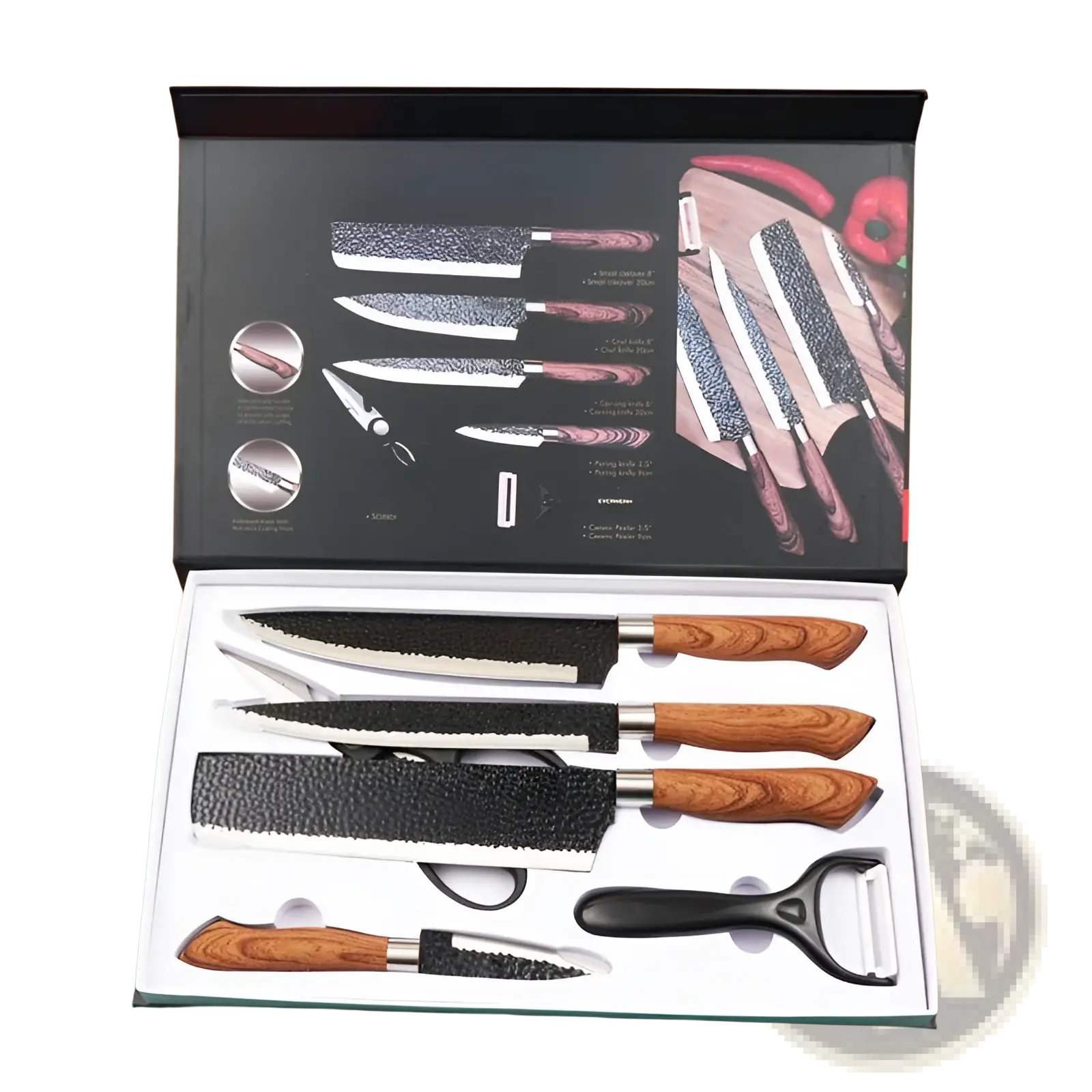 Wooden-handled 6 piece hammered steel kitchen knife set with black textured blades and stainless steel bolster