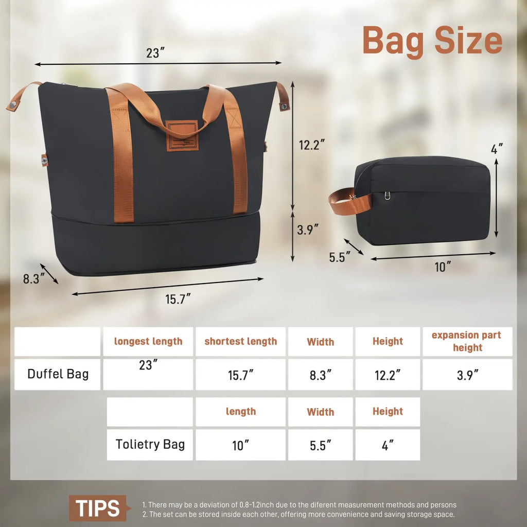 Black duffel bag with tan leather straps and matching toiletry pouch from 6 piece hardshell luggage set
