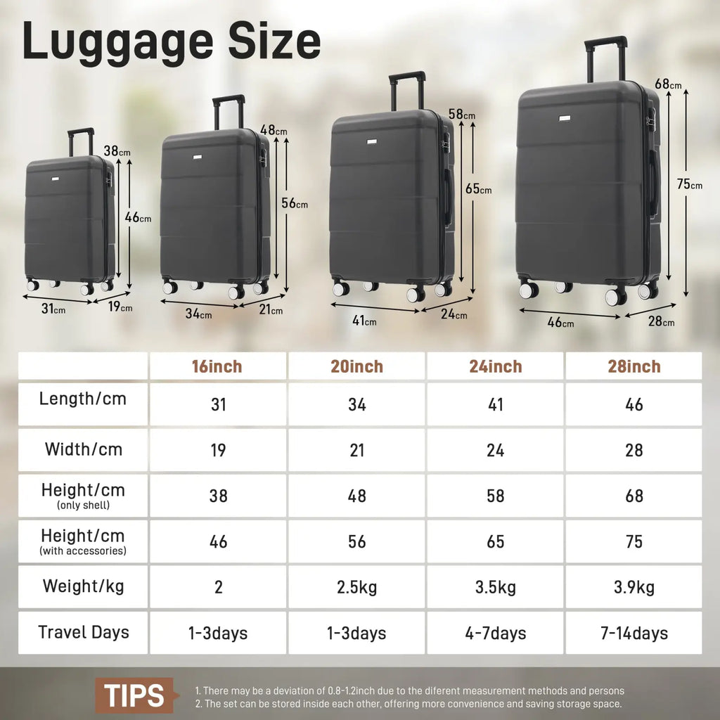 Set of four black hard-shell luggage suitcases in 16, 20, 24, and 28 inch sizes from a 6 piece set