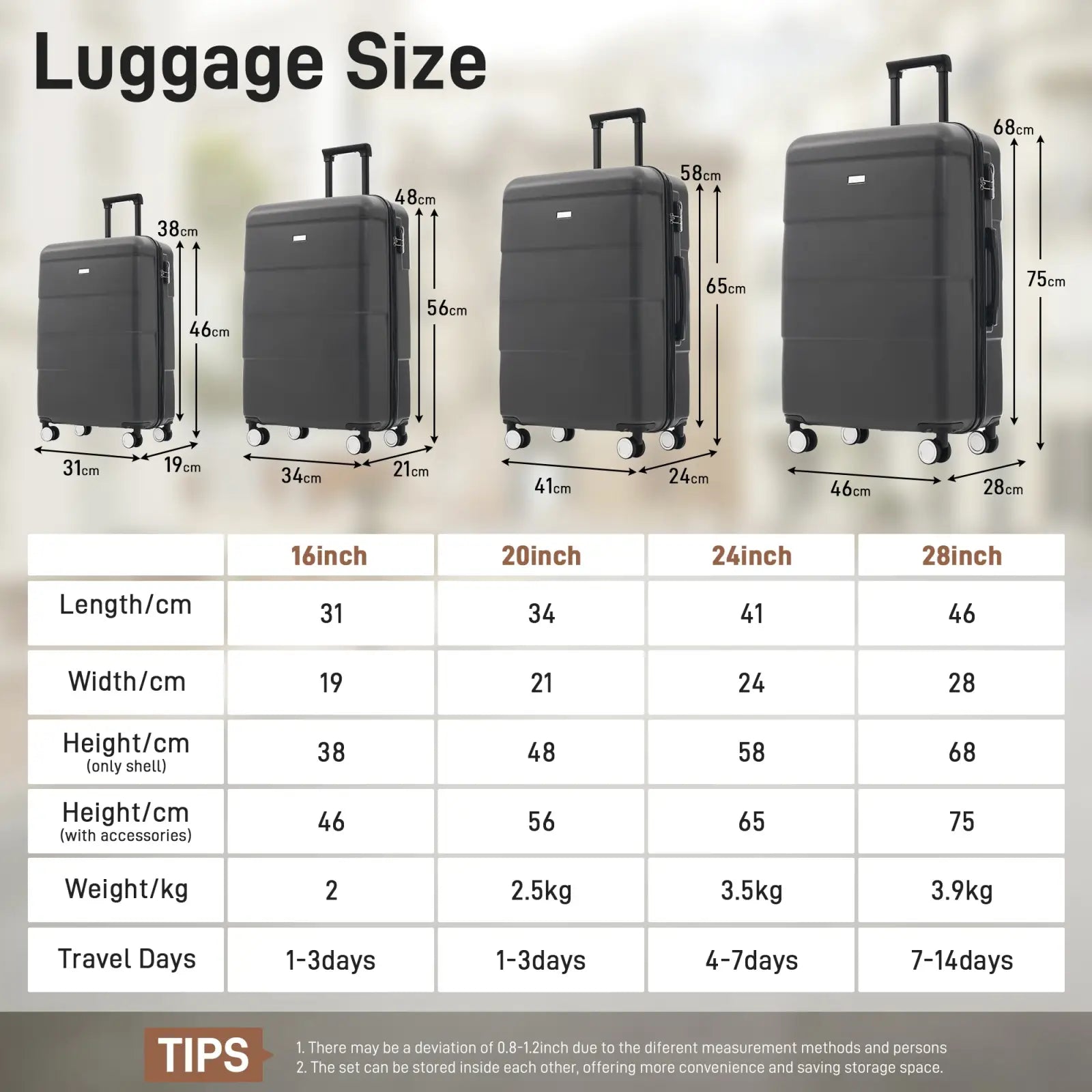 Set of four black hard-shell luggage suitcases in 16, 20, 24, and 28 inch sizes from a 6 piece set