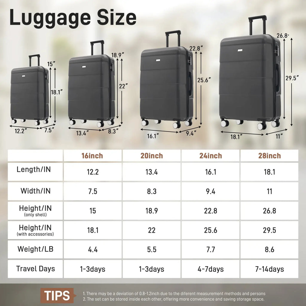 Set of four black hard-shell luggage suitcases in 16 20 24 and 28 inch sizes from a 6 piece hardshell luggage set
