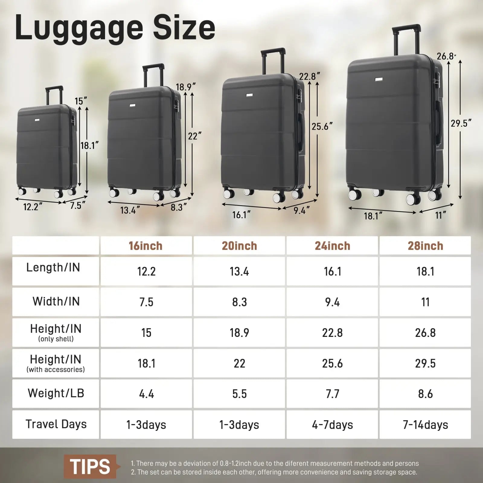 Set of four black hard-shell luggage suitcases in 16 20 24 and 28 inch sizes from a 6 piece hardshell luggage set
