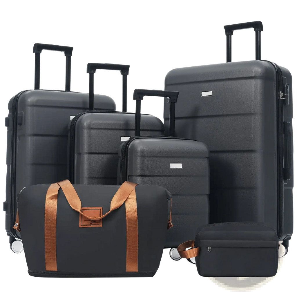 6 piece dark gray hardshell luggage set with tan leather straps handles includes duffel and toiletry bag
