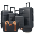 6 piece dark gray hardshell luggage set with tan leather straps handles includes duffel and toiletry bag