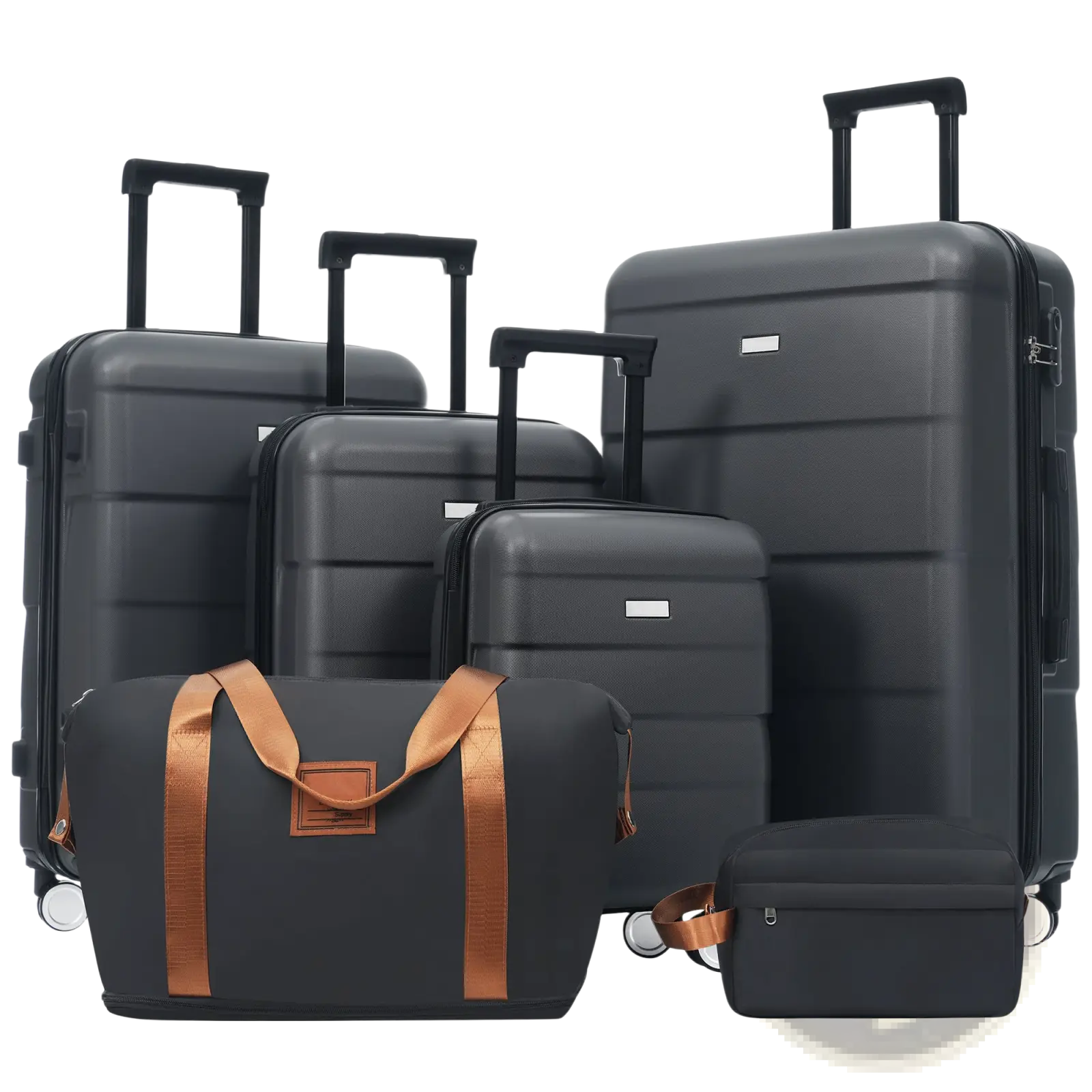 6 piece dark gray hardshell luggage set with tan leather straps handles includes duffel and toiletry bag