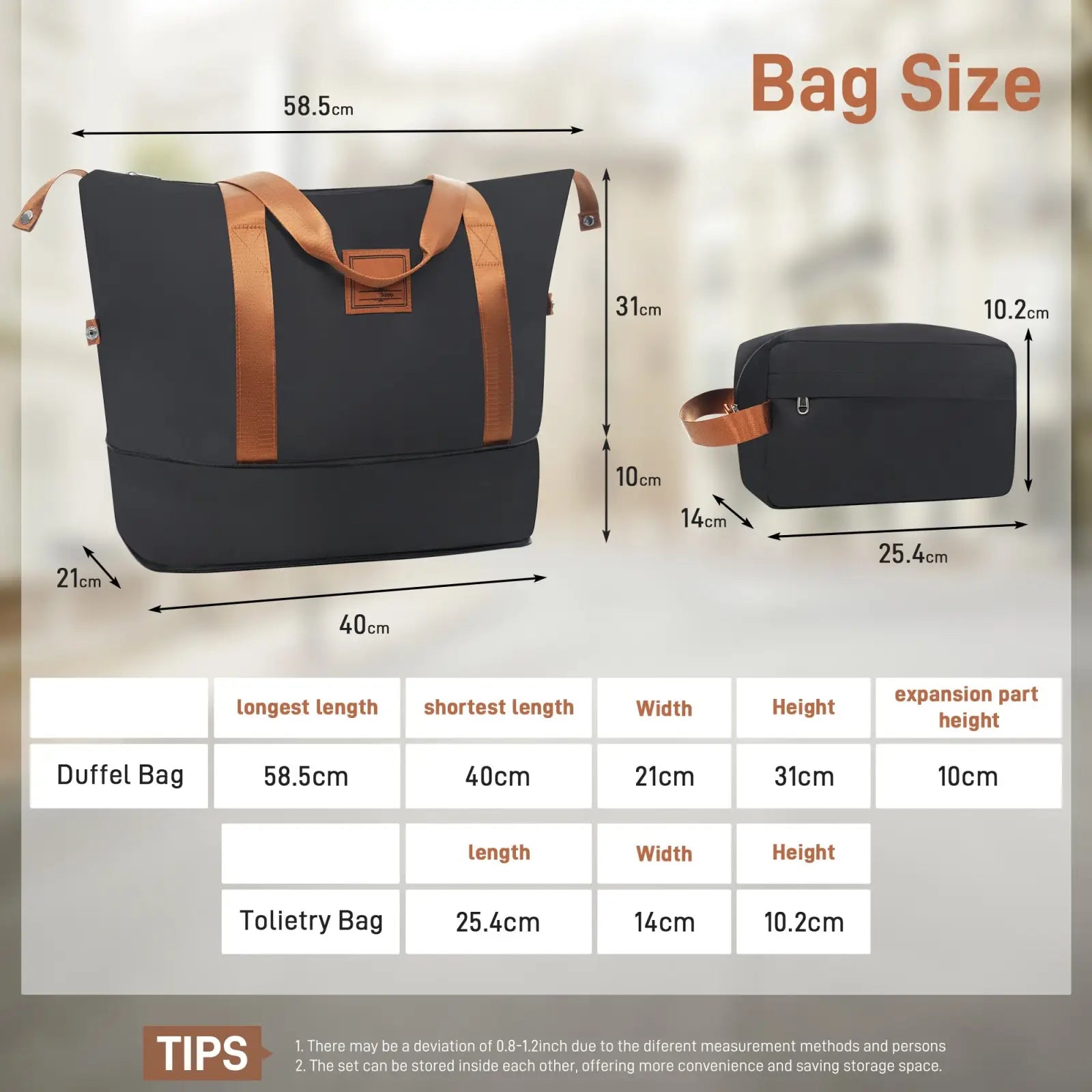 Black duffel bag with tan leather straps and matching toiletry pouch in minimalist design from 6 Piece Hardshell Luggage Set
