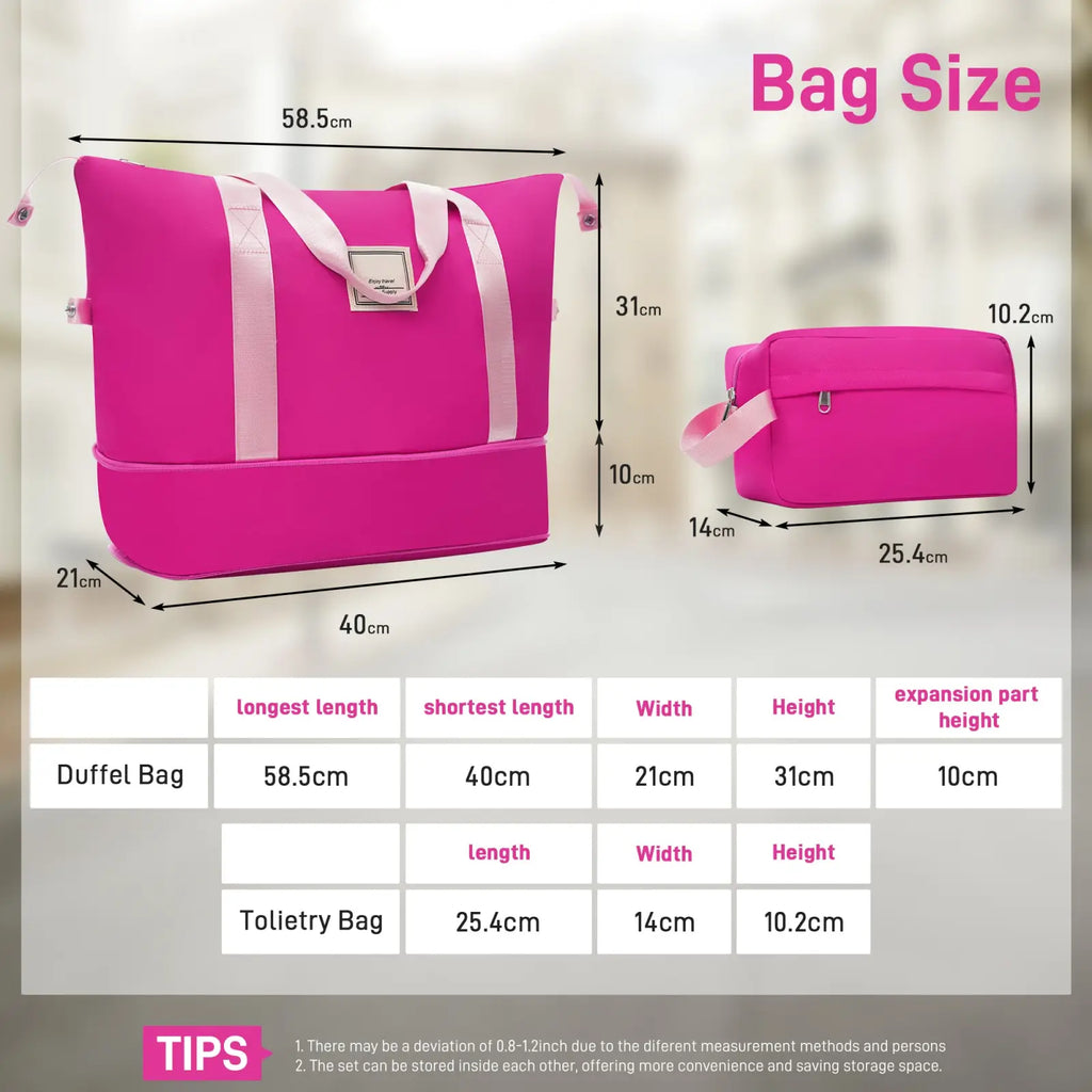 Bright pink duffel bag with white straps and matching toiletry pouch in 6 piece pink hardshell luggage set with spinner wheels