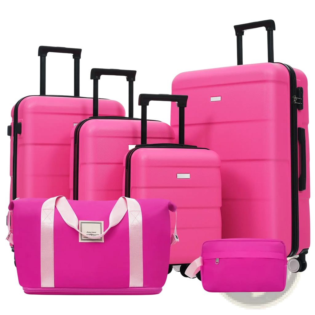 Bright pink hard-shell suitcase with black handles and spinner wheels from a 6 piece luggage set