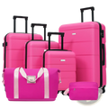 Bright pink hard-shell suitcase with black handles and spinner wheels from a 6 piece luggage set