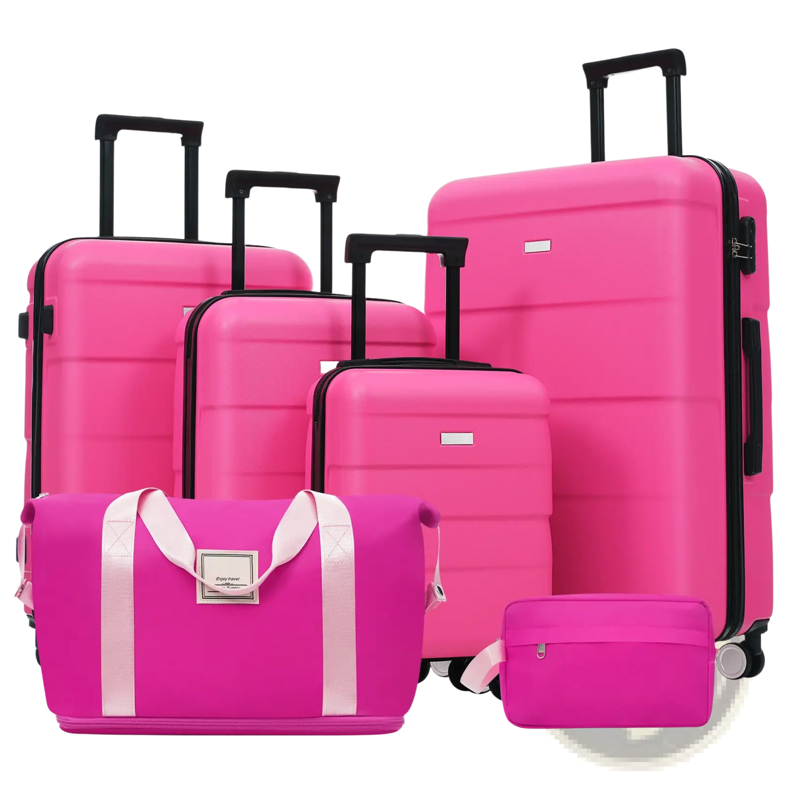 Bright pink hard-shell suitcase with black handles and spinner wheels from a 6 piece luggage set