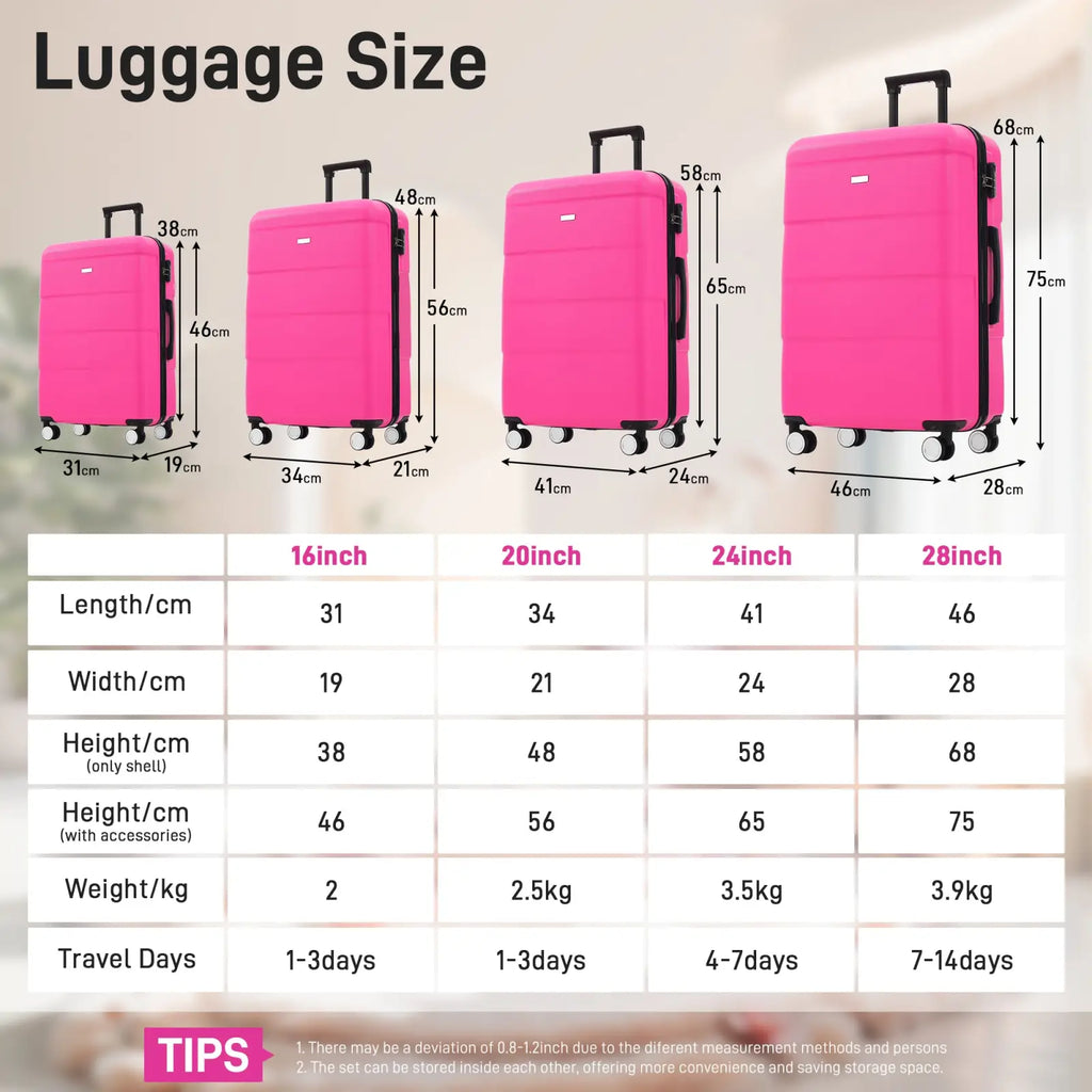 Six piece pink hardshell luggage set with spinner wheels featuring four sizes with telescoping handles