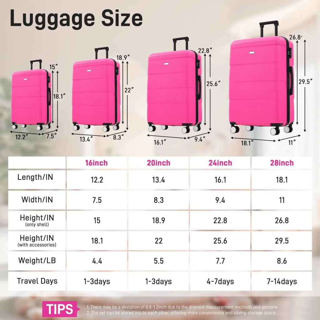 Set of four bright pink hard-shell luggage with spinner wheels in 16, 20, 24, and 28 inch sizes