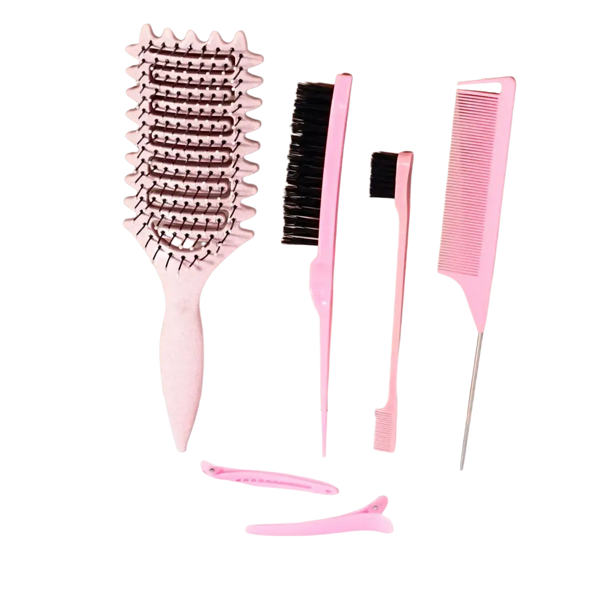 Pink plastic hairbrush with ridges and black bristles from a 6-piece plastic hair styling and detangling brush set