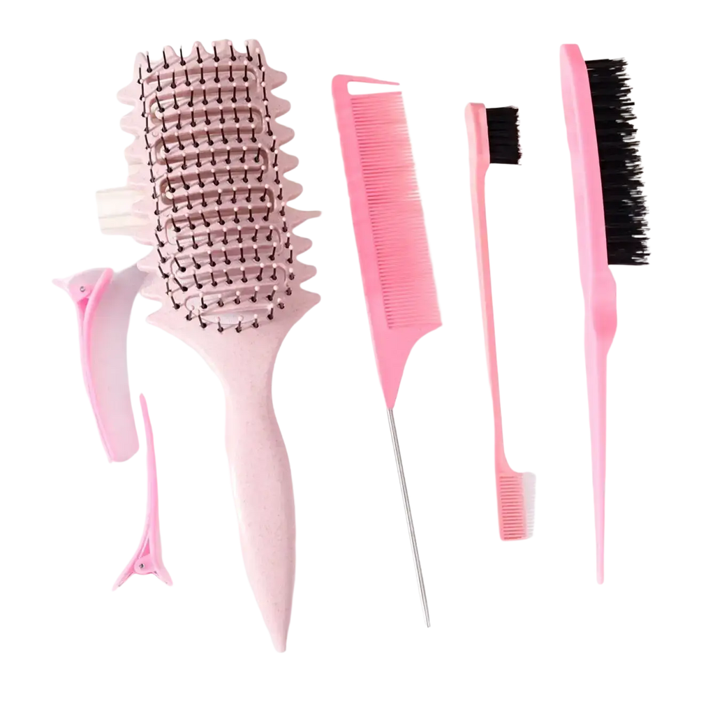 Six-piece pink plastic hair styling and detangling brush set with black bristles comb clips and fine and wide-toothed brushes