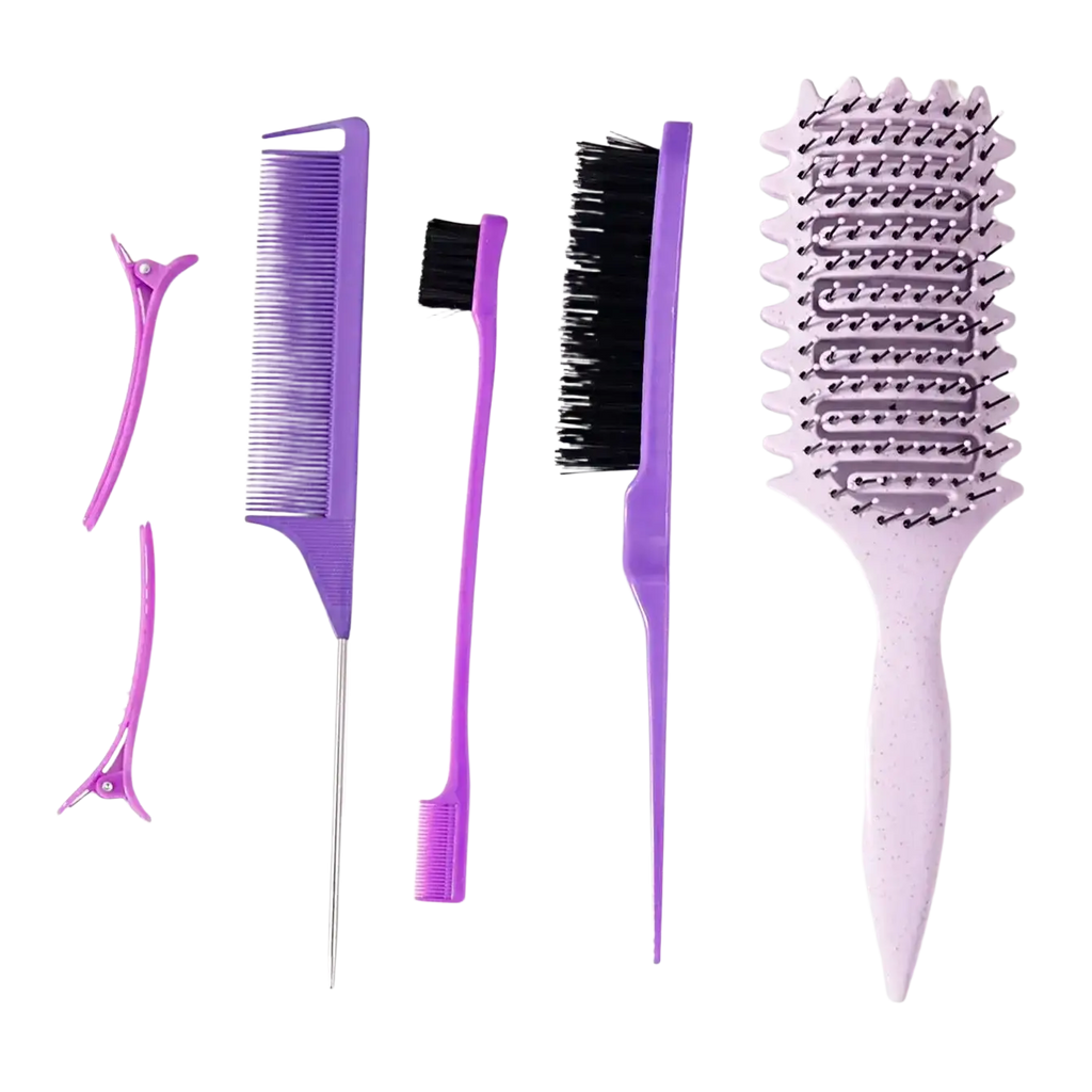 Purple plastic 6-piece hair styling and detangling brush set with comb, brush, detangling tool, and clips