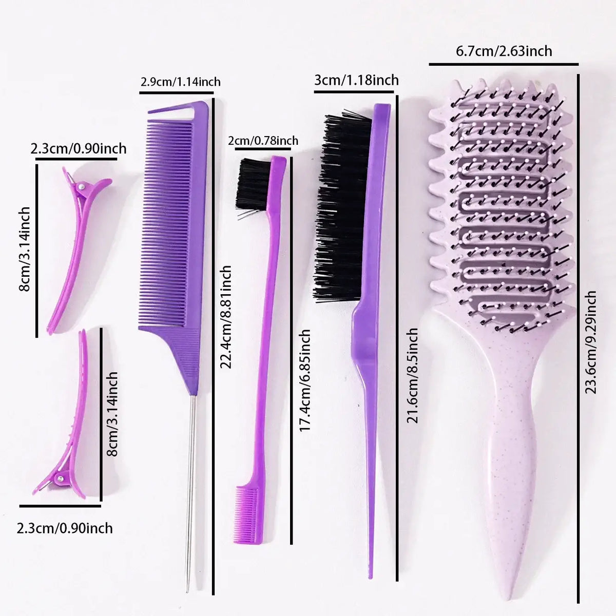Purple plastic 6-piece hair styling and detangling brush set with wide-tooth comb, detangling brush, teasing comb, and clips