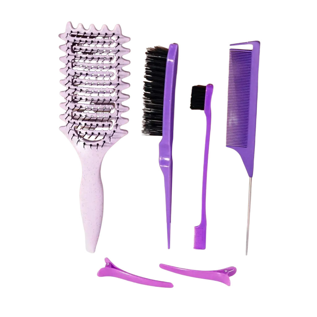 6-piece plastic hair styling and detangling brush set with lavender paddle brush and matching purple tools