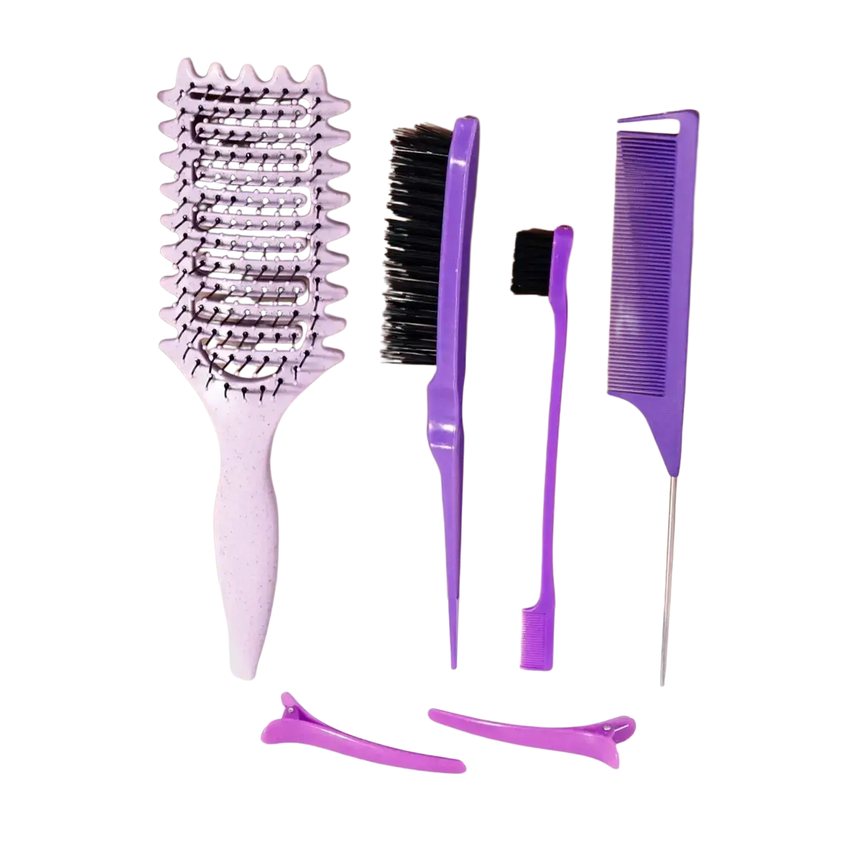 6-piece plastic hair styling and detangling brush set with lavender paddle brush and matching purple tools