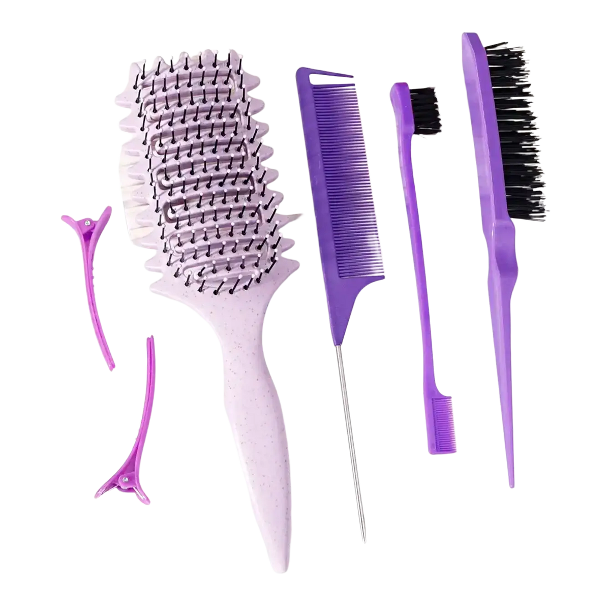 Purple plastic hairbrush with black bristles and speckled lavender handle from 6-piece hair styling and detangling set