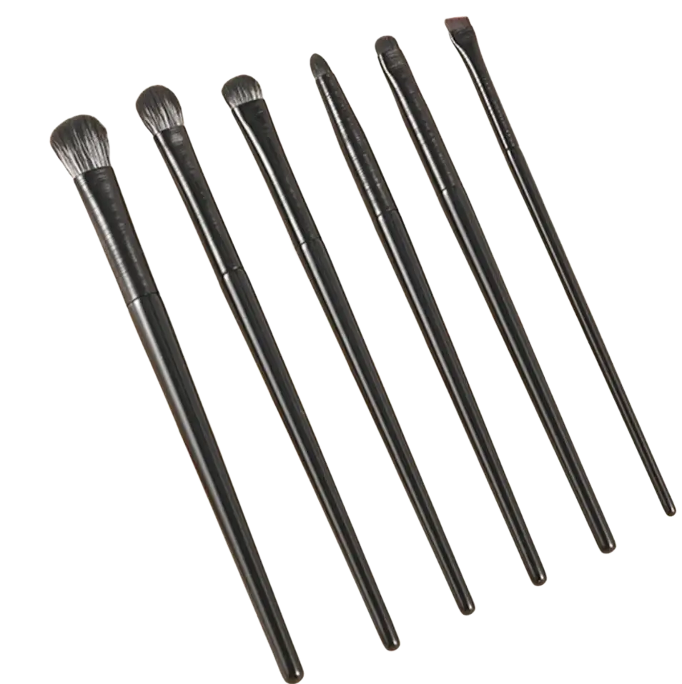 Set of six black professional eye makeup brushes with matte handles and varied brush heads for precise cosmetic application