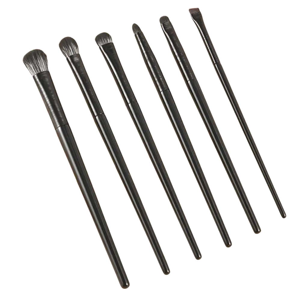 Set of six black professional eye makeup brushes with sleek handles and varied heads for different eyeshadow techniques