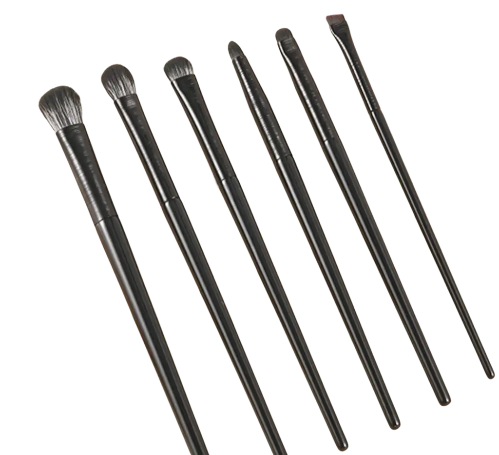 Set of six black professional eye makeup brushes with sleek slender handles and soft bristles for precision application