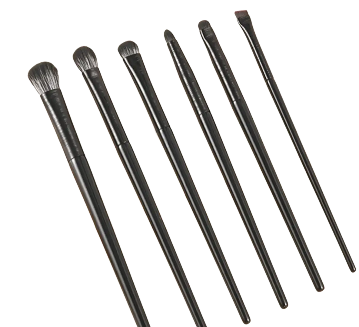 Set of six black professional eye makeup brushes with sleek slender handles and soft bristles for precision application