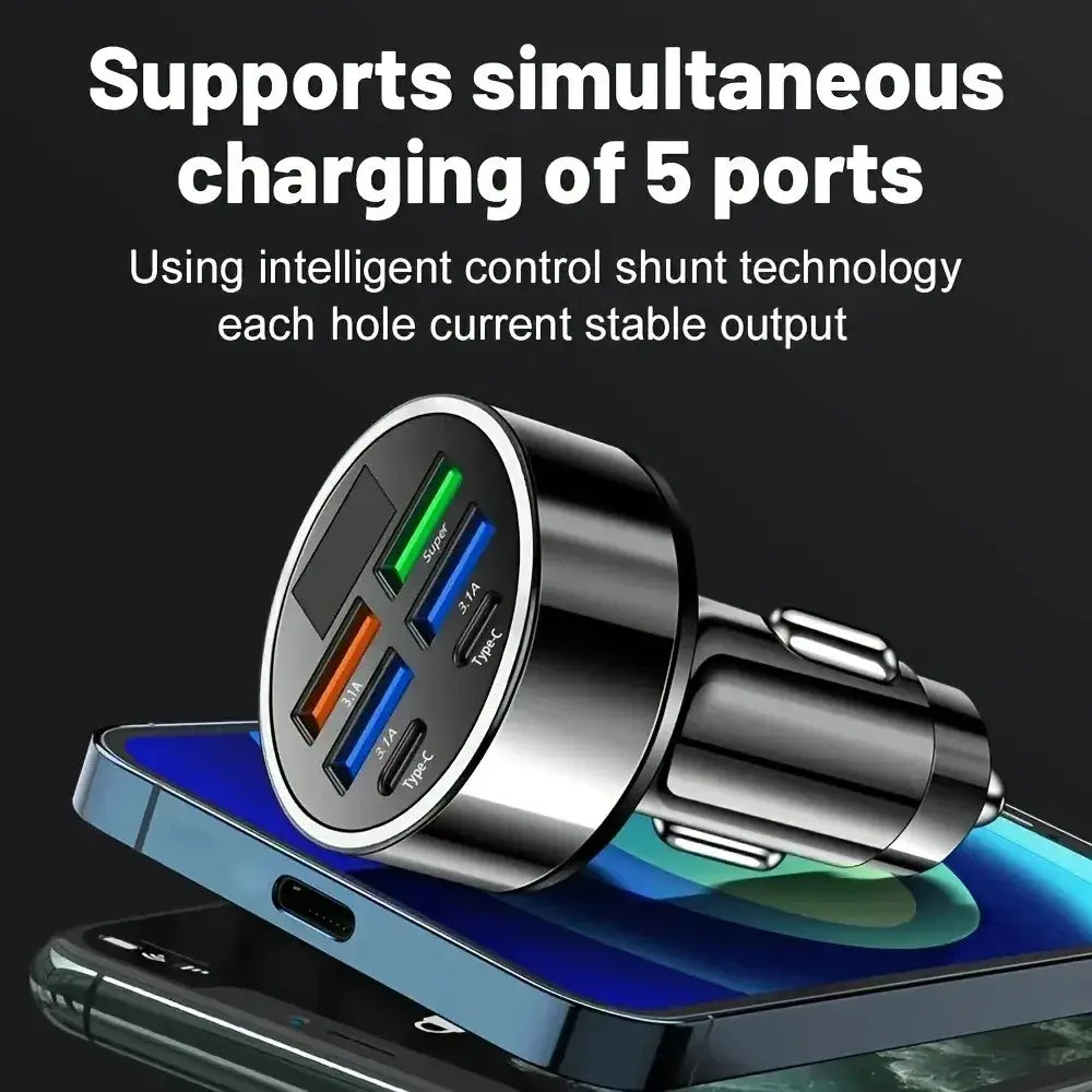 Black 6 port fast car charger with led display featuring five usb-a and type-c ports for efficient charging