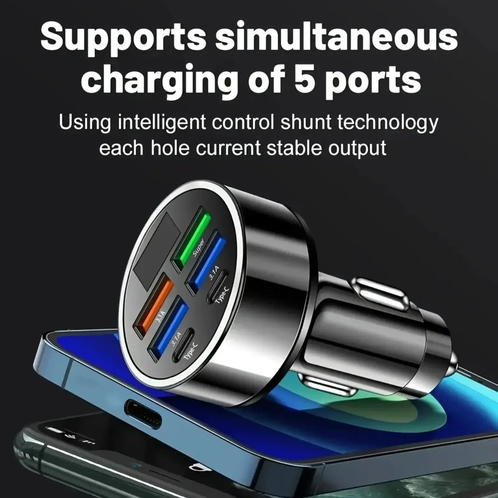 Black 6 port fast car charger with led display featuring five usb-a and type-c ports for efficient charging