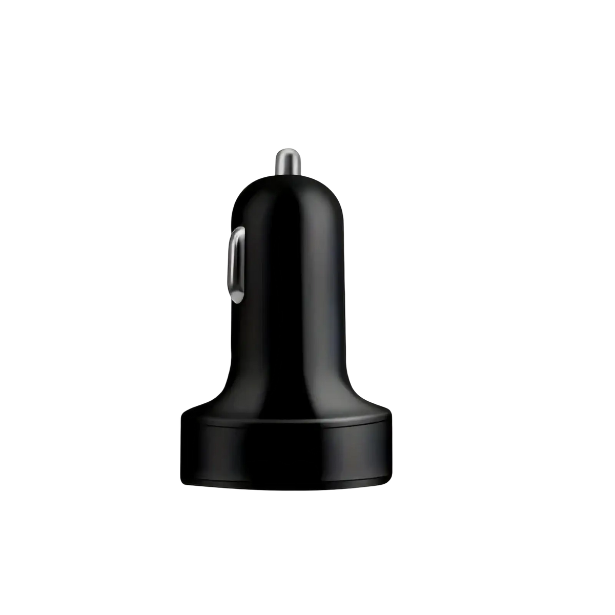 Black plastic 6 port fast car charger with led display featuring a silver usb port and metallic tip shown from back side