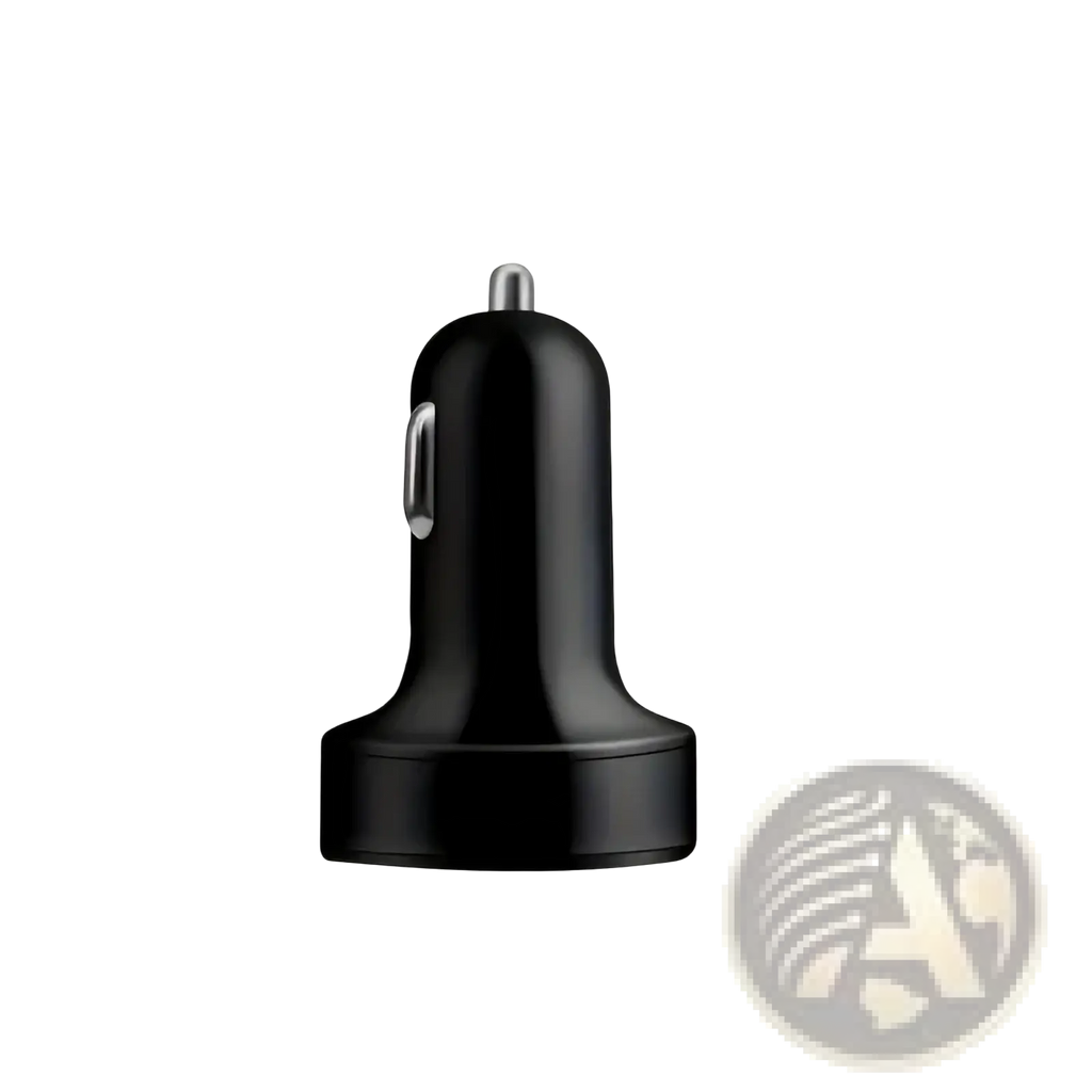 Black plastic 6 port fast car charger with led display featuring a silver usb port and metallic tip shown from back side