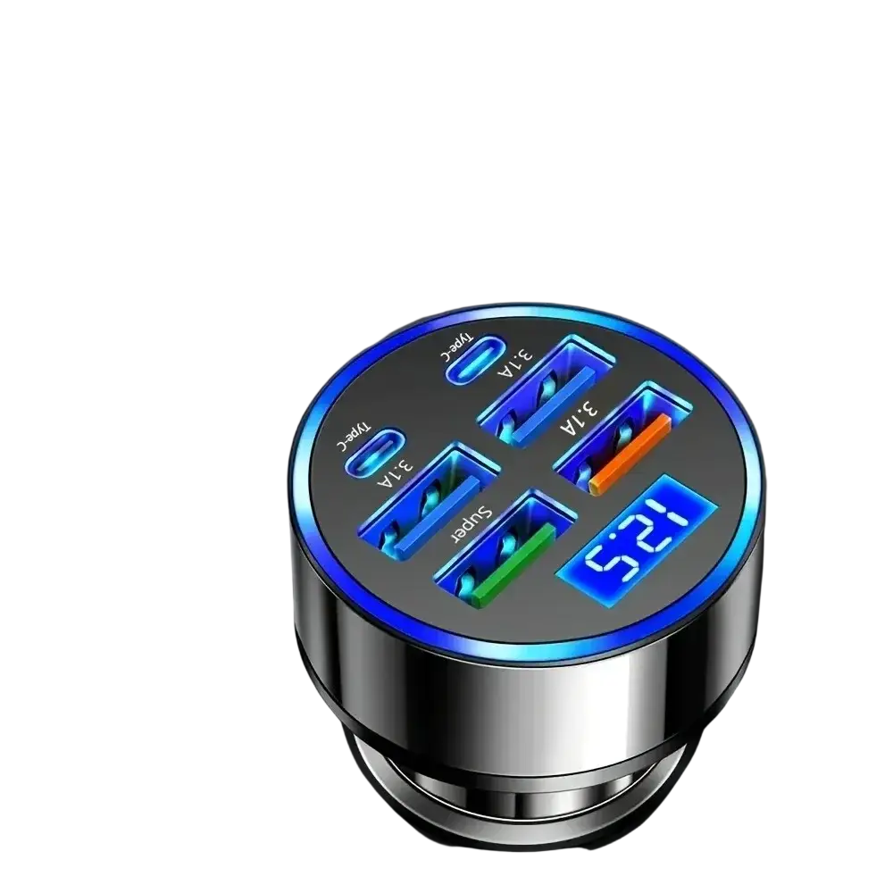 Silver cylindrical 6 port fast car charger with four usb ports including one type-c and blue led charging time display