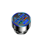 Silver cylindrical 6 port fast car charger with four usb ports including one type-c and blue led charging time display