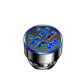 Silver cylindrical 6 port fast car charger with four usb ports including one type-c and blue led charging time display