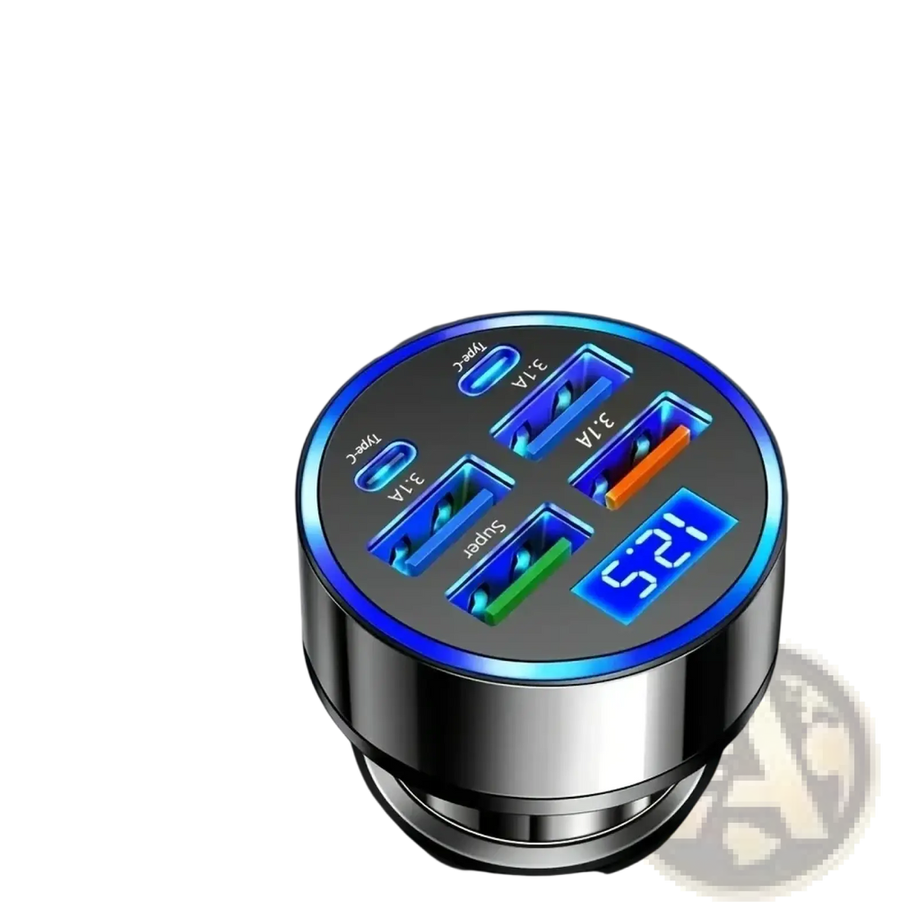 Silver cylindrical 6 port fast car charger with four usb ports including one type-c and blue led charging time display