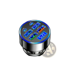 Silver cylindrical 6 port fast car charger with four usb ports including one type-c and blue led charging time display