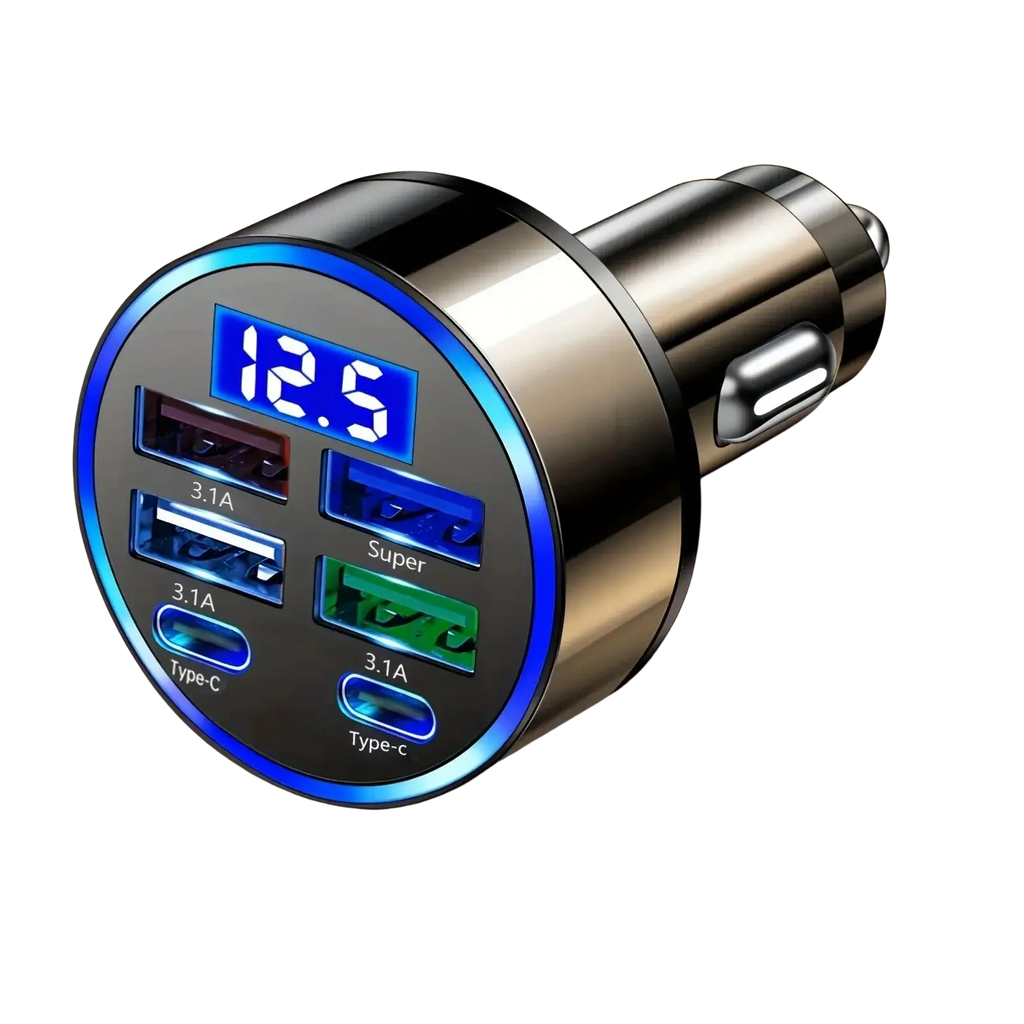 6 port fast car charger with a sleek metallic finish, multiple usb ports, and an led display showing current voltage