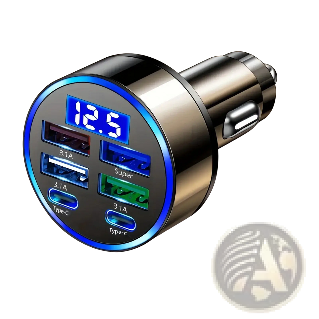 6 port fast car charger with a sleek metallic finish, multiple usb ports, and an led display showing current voltage