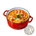 6 qt enameled cast iron dutch oven in red with black rim and silver knob filled with vibrant orange seafood stew