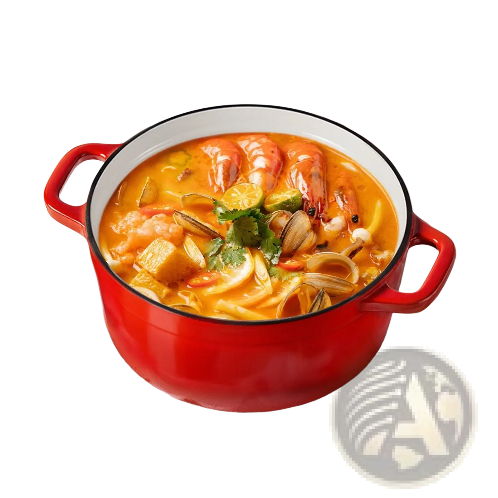 6 qt enameled cast iron dutch oven in red with black rim and silver knob filled with vibrant orange seafood stew