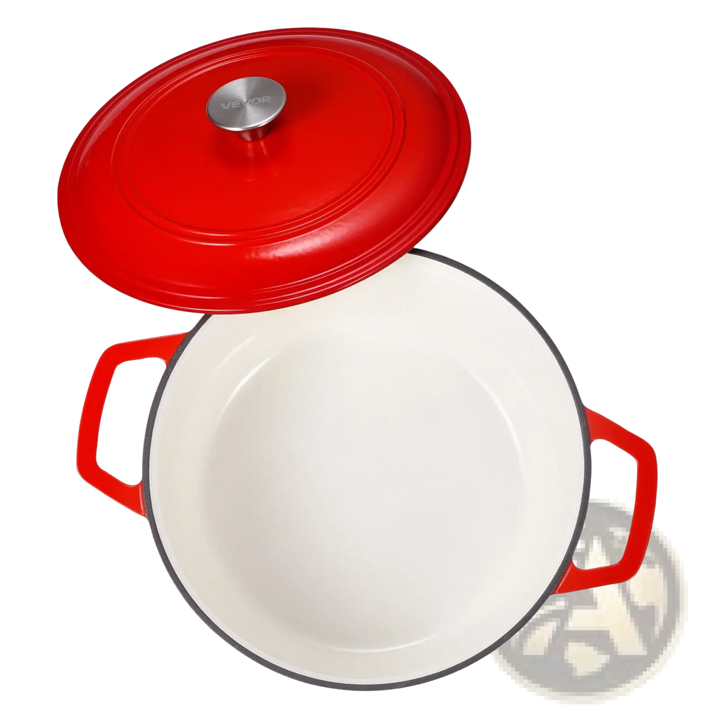 6 qt enameled cast iron dutch oven in red with white interior and silver knob for versatile cookware use