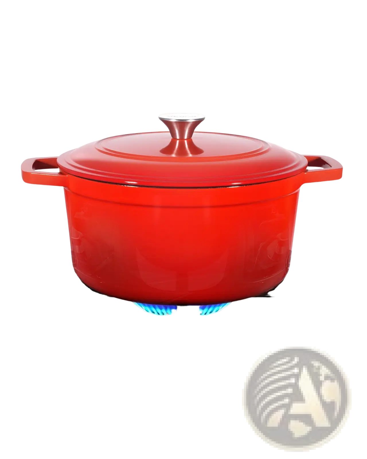 6 qt enameled cast iron dutch oven in vibrant red with silver knob and handles compatible with multiple heat sources