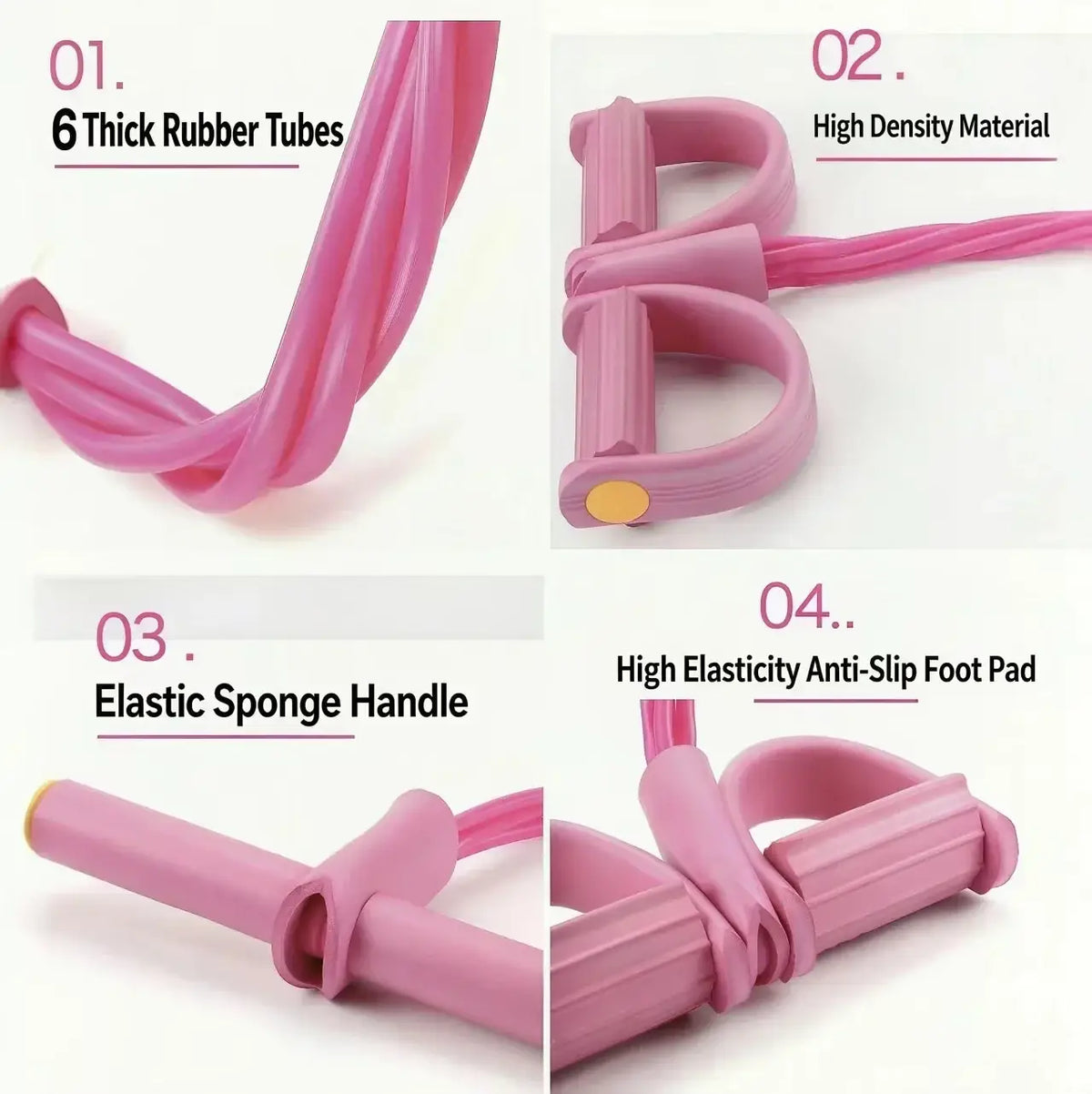 Pink 6-tube pedal resistance band fitness equipment with high-density handles and elastic sponge grip for exercise