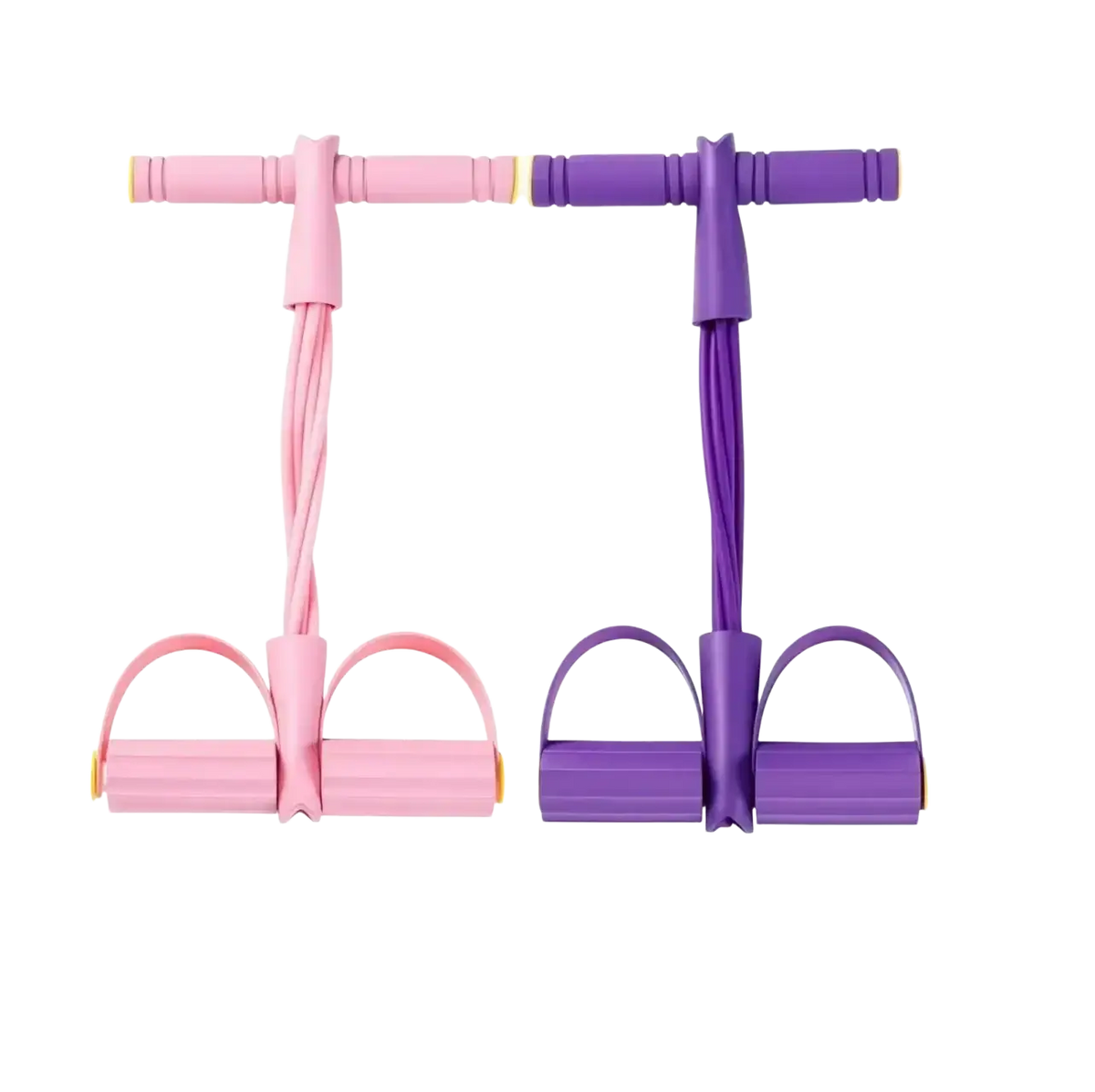 Pink and purple 6-tube pedal resistance band with ergonomic handles and foot loops for effective leg exercise