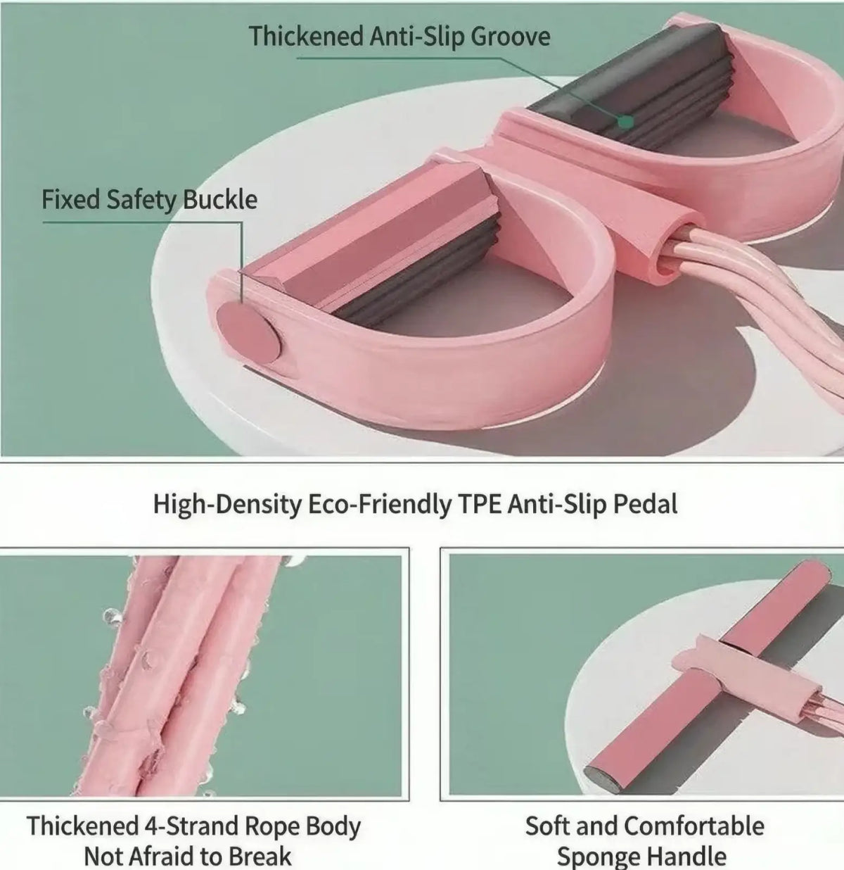 Pink 6-tube pedal resistance band with thickened anti-slip grooves, fixed safety buckle, and eco-friendly tpe handles