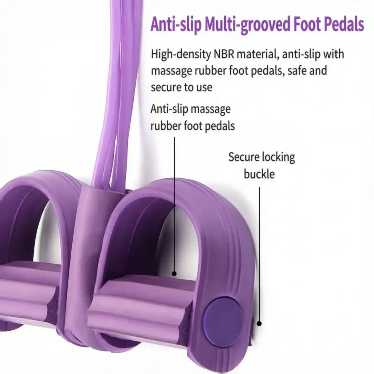 Purple anti-slip multi-grooved foot pedals made of high-density nbr with massage rubber feet and secure locking buckle for 6-tube pedal resistance band fitness equipment