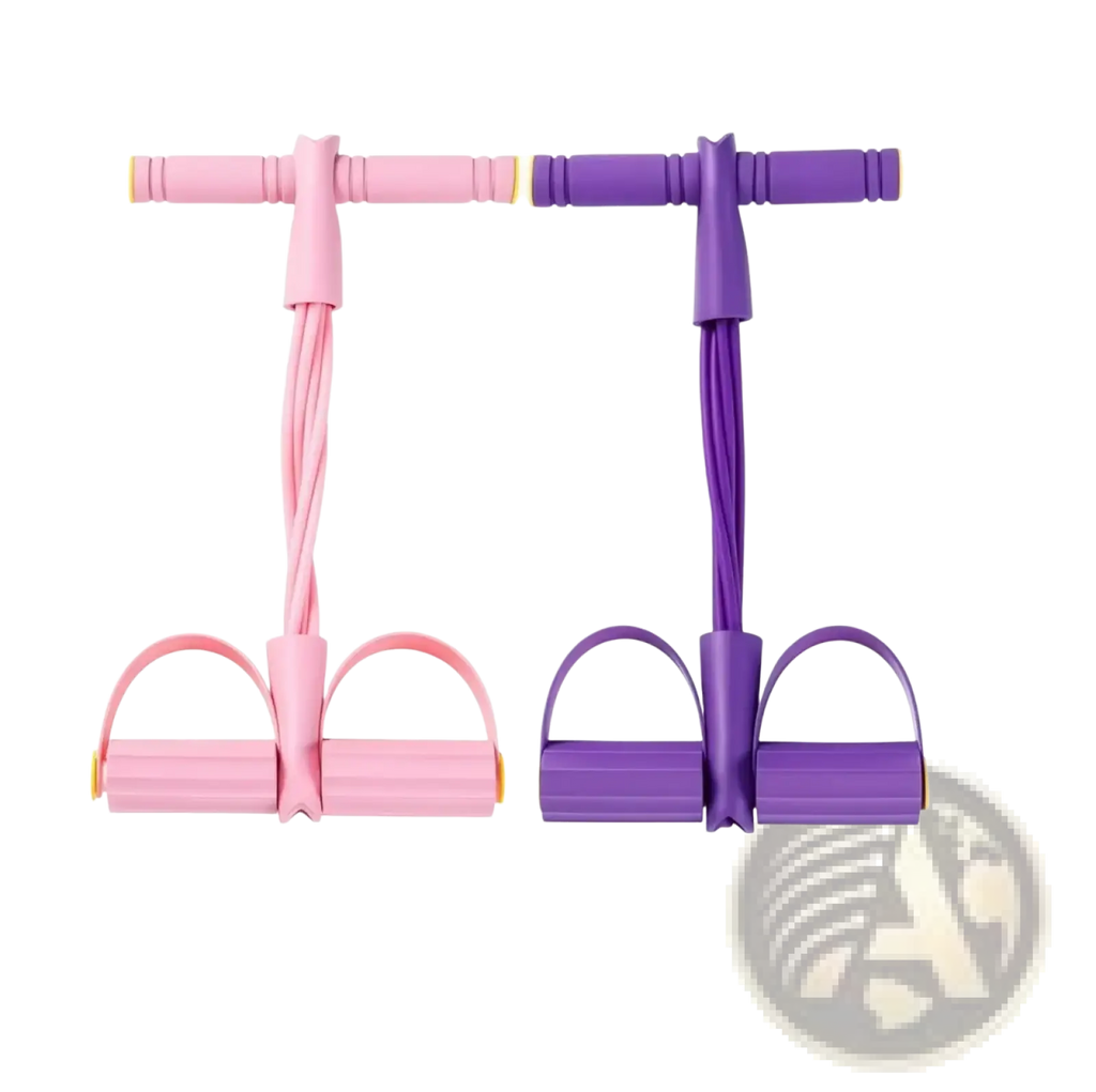 A pair of pink and purple 6-tube pedal resistance band fitness equipment with ergonomic textured grips and adjustable resistance