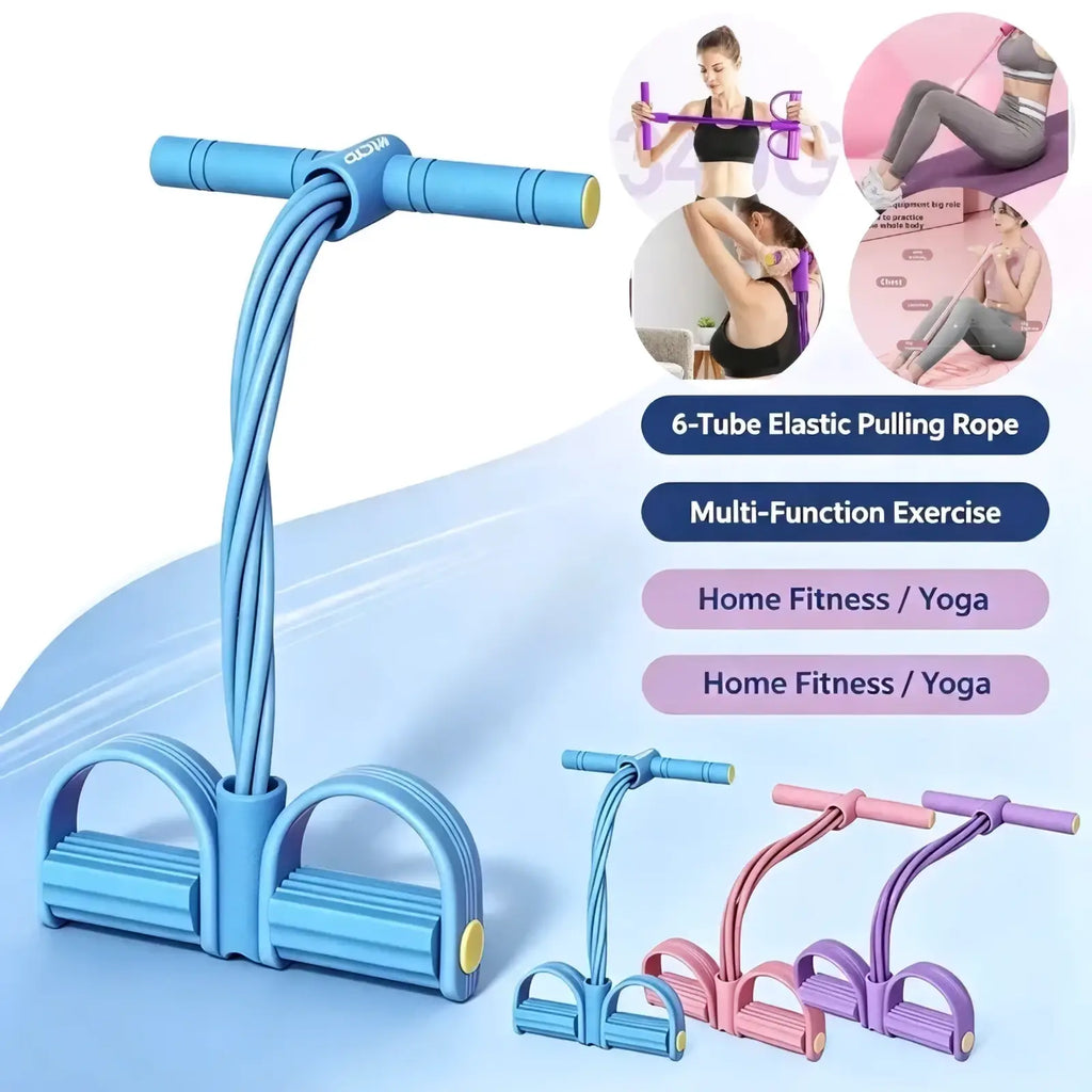 Blue 6 tube elastic pulling rope resistance band with textured handles and foot grips for sit up and expansion exercises