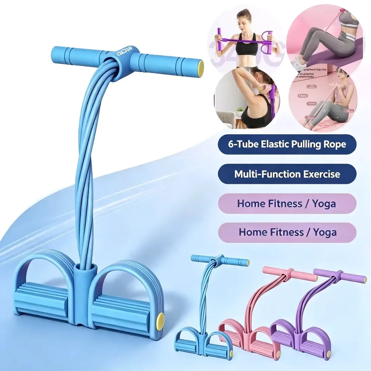 Blue 6 tube elastic pulling rope resistance band with textured handles and foot grips for sit up and expansion exercises
