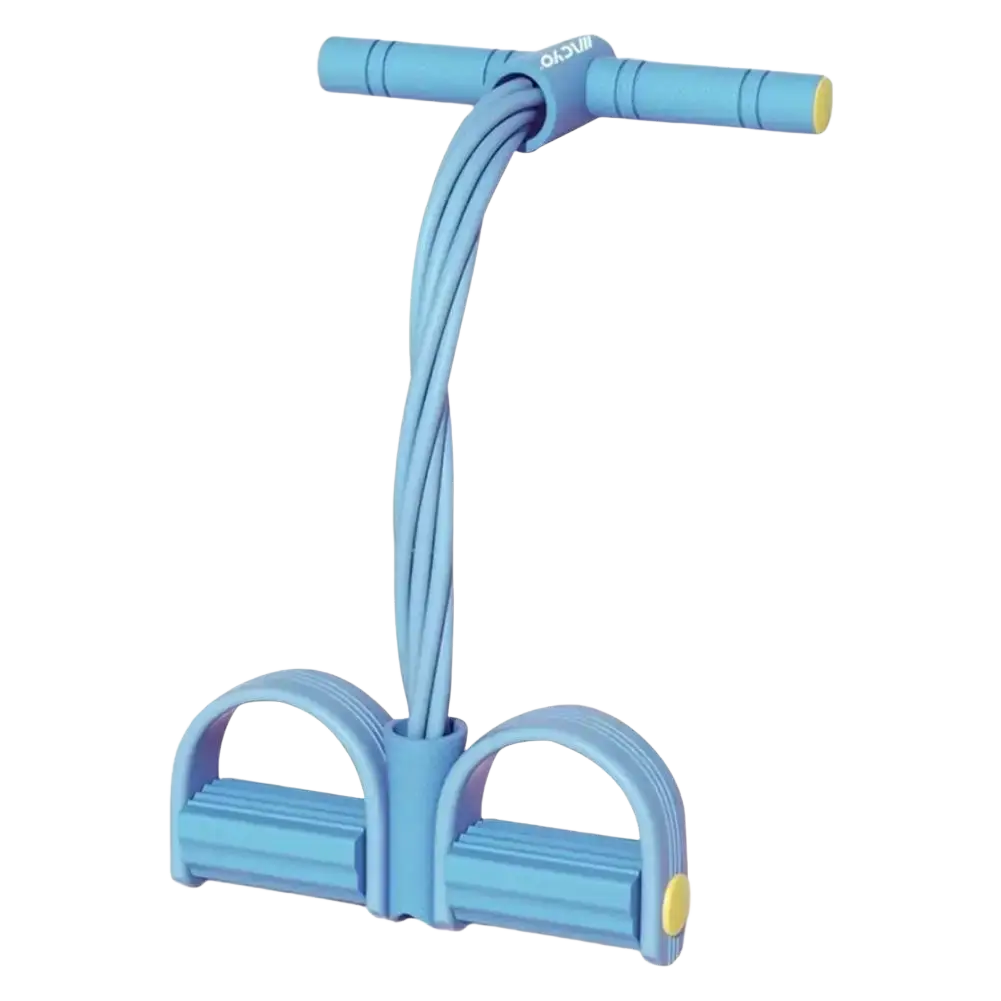 Light blue rubber 6 tube resistance band foot pedal sit up expander with yellow accent ends and t-shaped handle